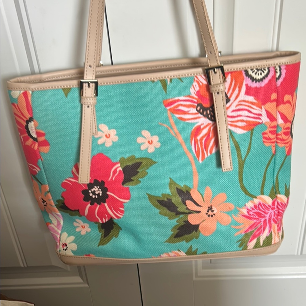 Spartina 449 Blue and Tan Tote Bag with Floral Elegance - Picture 2 of 12